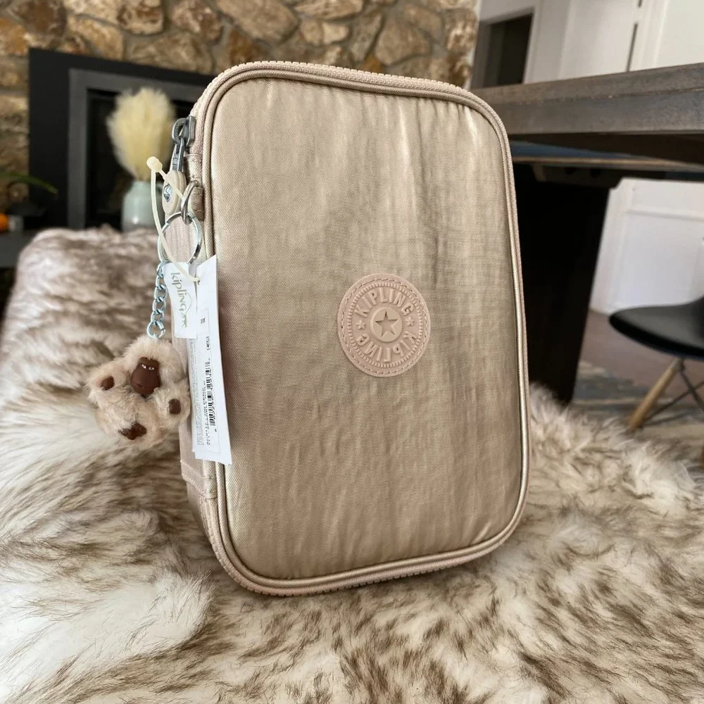 NWT Kipling 100 Pens Printed Case Bag Pouch Sparkly Gold